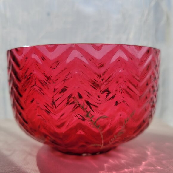 Vintage Hand-Painted Cranberry Glass Bowl Handpainted Floral Design &Chevron Pat - Picture 7 of 13